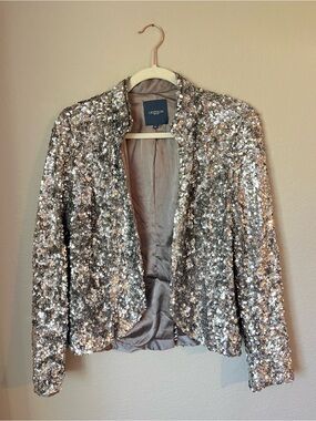 Gryphon New York Silver Sequin Open Front Blazer Jacket Size M — NWOT